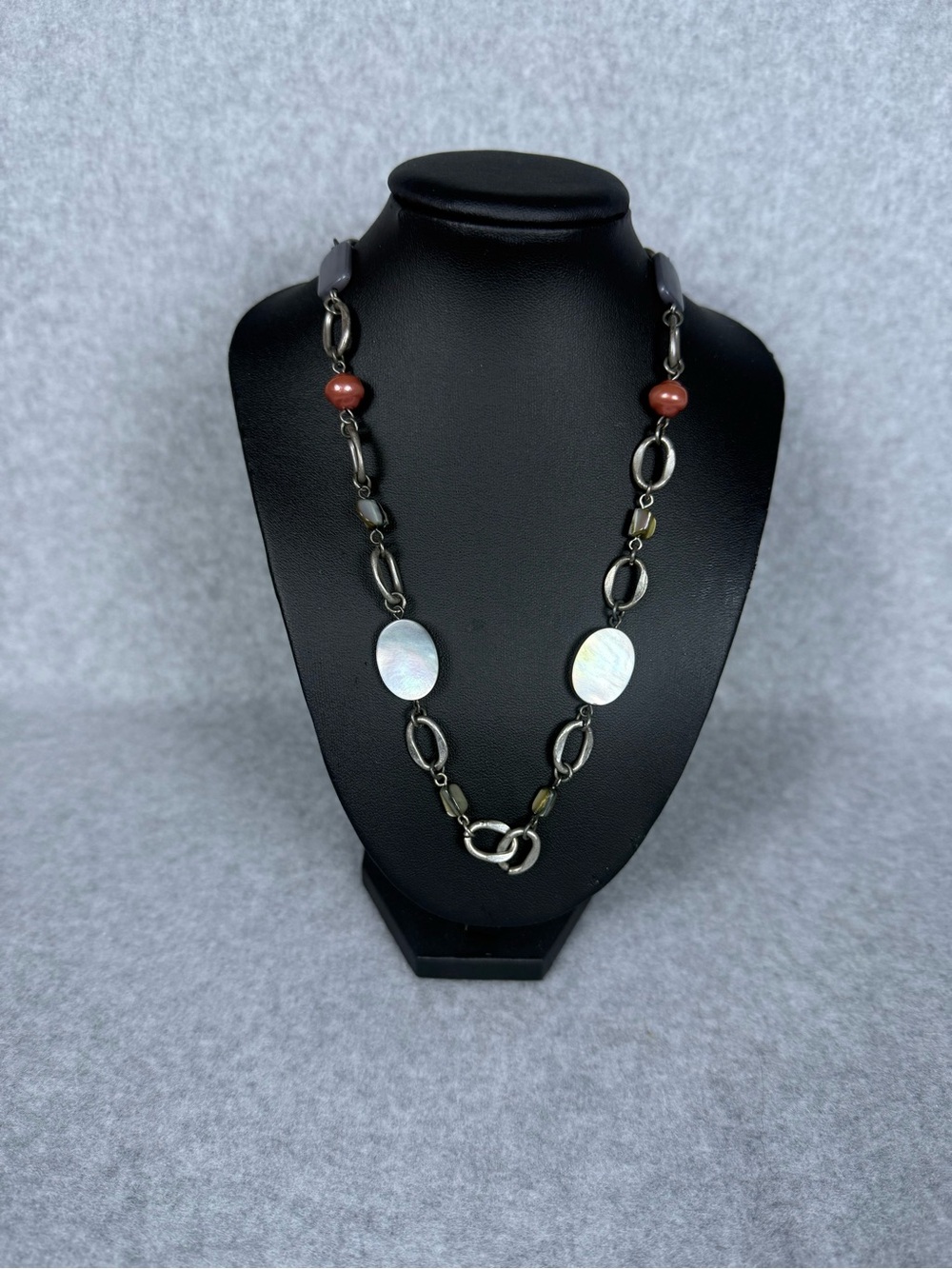 Modern Mixed Media Statement Necklace Gray Shell Beads Adjustable Silver Tone